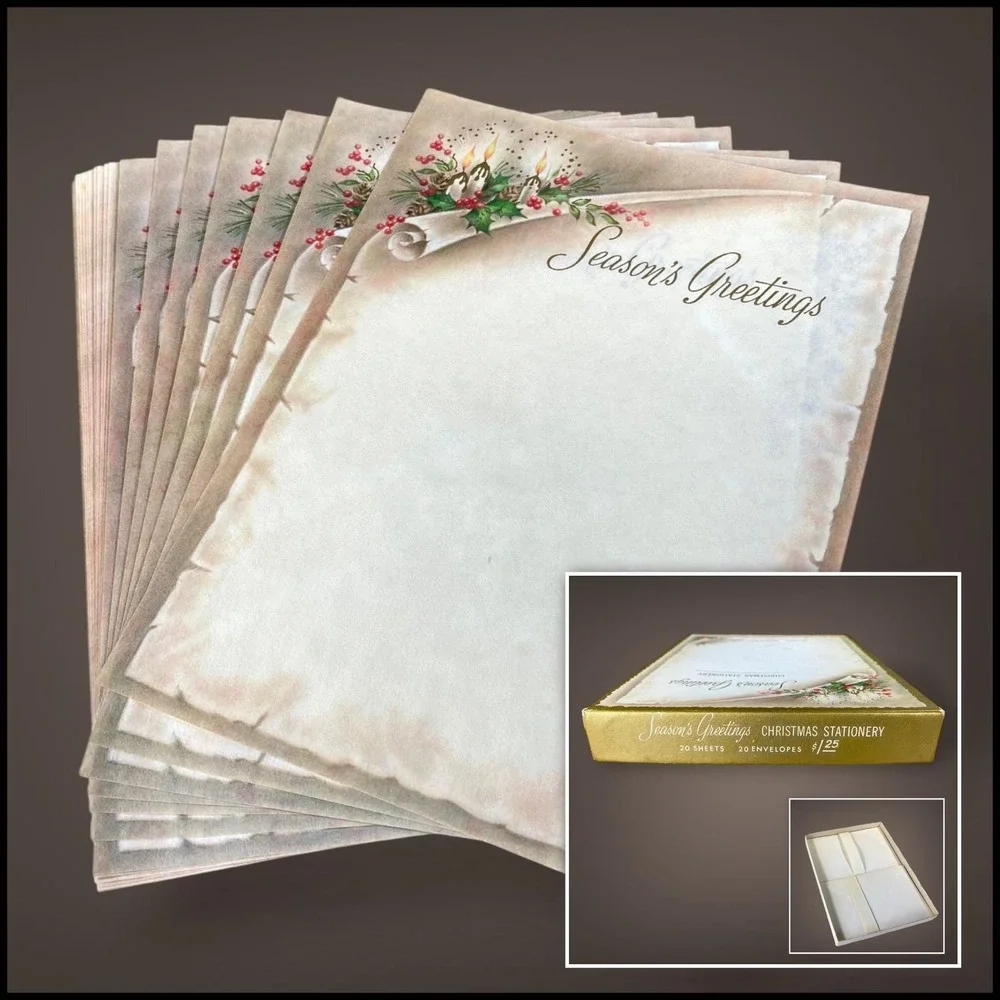 Season's Greetings Christmas Stationery‎ Set OPEN Box 1950s 60s Holly Candle Art
